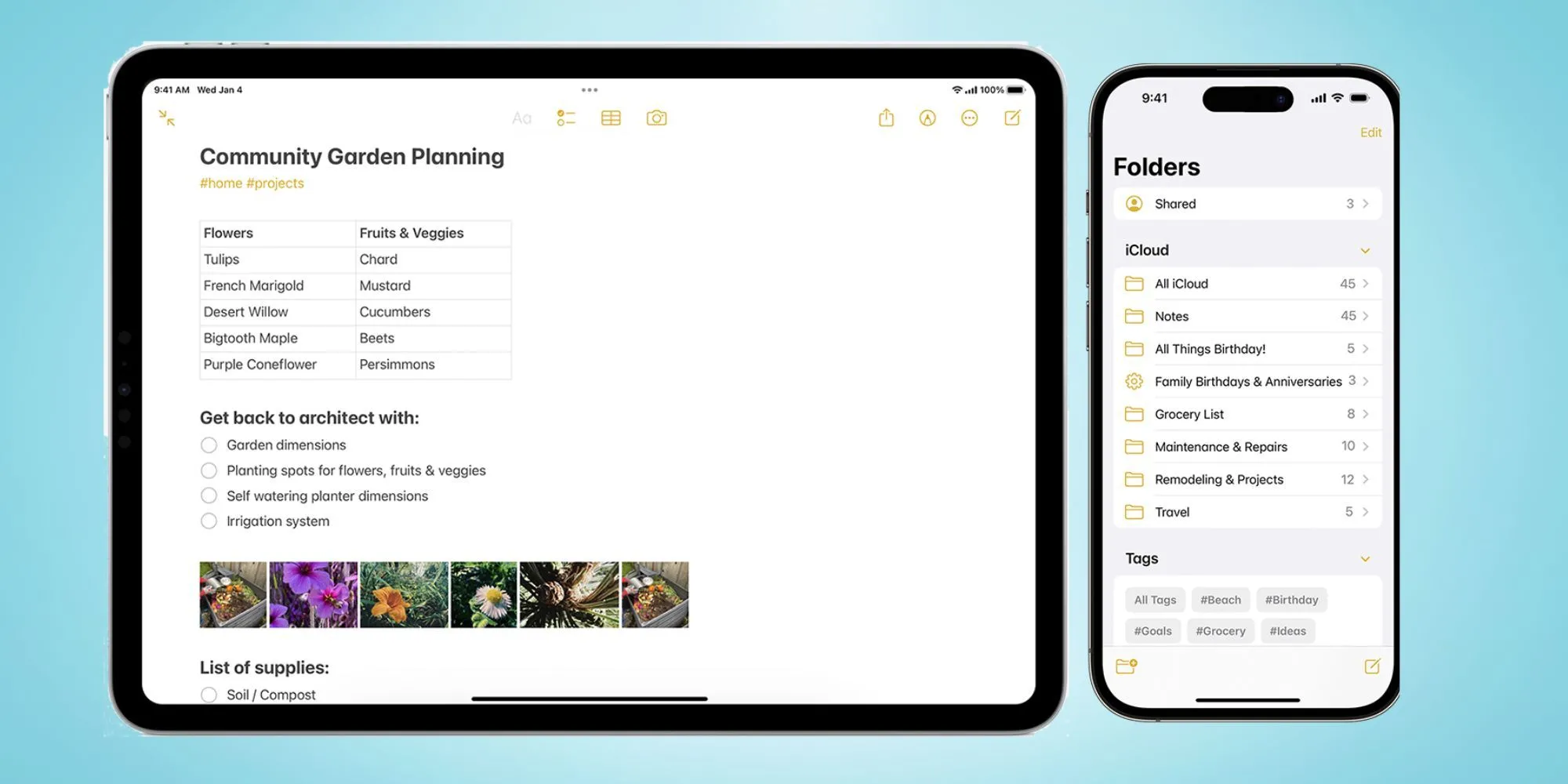 Giao diện Apple Notes trên iPhone và iPad hiển thị kế hoạch khu vườn.