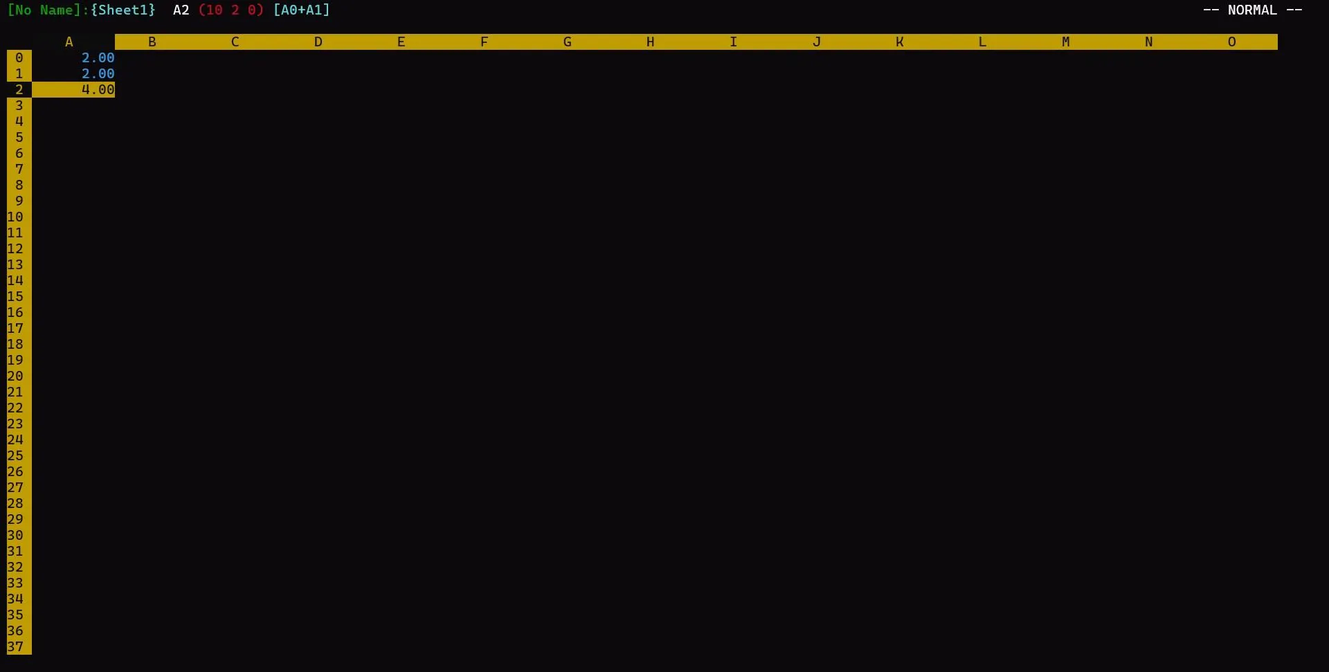 Giao diện bảng tính sc-im chạy trực tiếp trong cửa sổ terminal Linux.