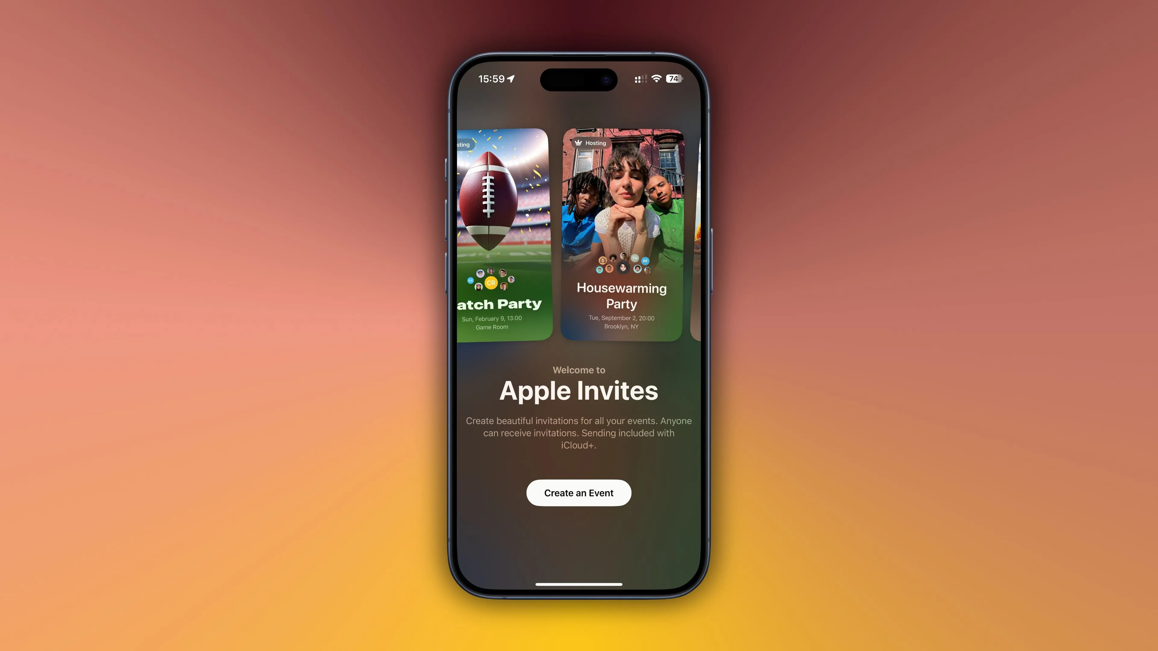 Giao diện chính của ứng dụng Apple Invites trên iPhone, hiển thị các sự kiện sắp tới và tùy chọn tạo lời mời.