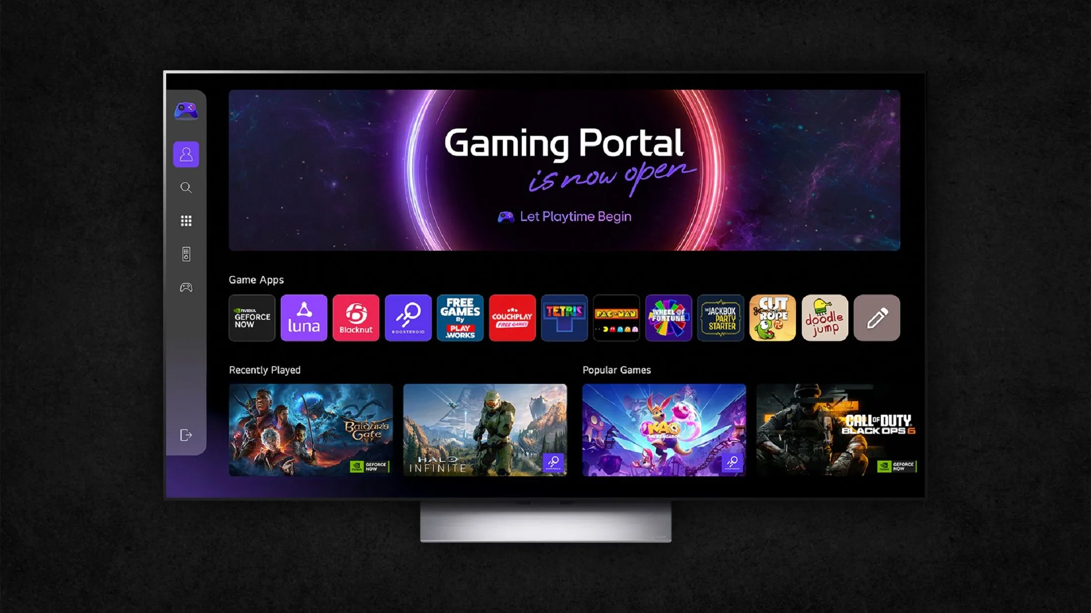 Giao diện chính Gaming Portal của LG trên webOS hiển thị các tựa game
