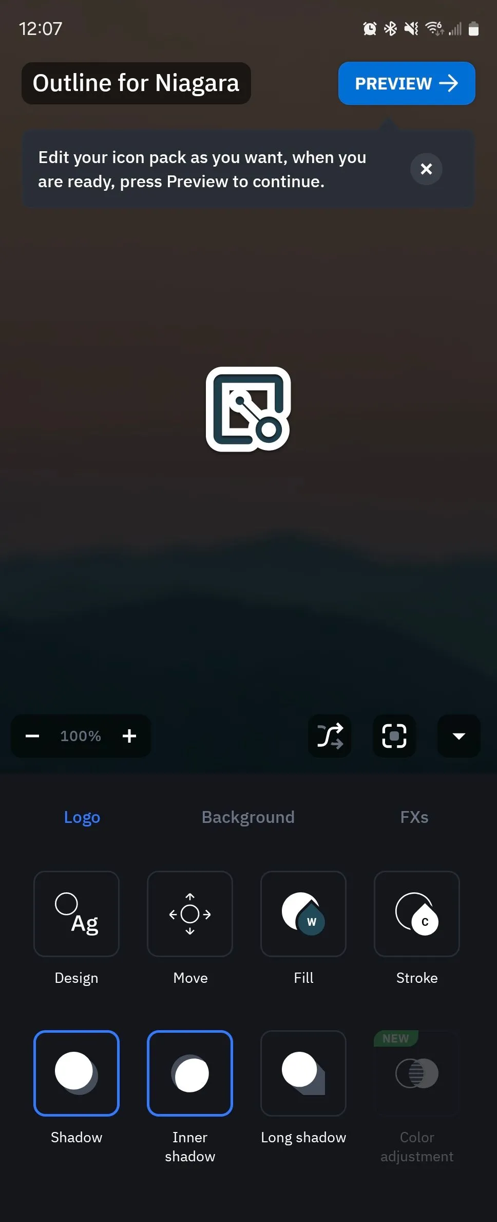 Giao diện chỉnh sửa trong Icon Pack Studio, cho phép tùy chỉnh chi tiết từng yếu tố của biểu tượng ứng dụng.