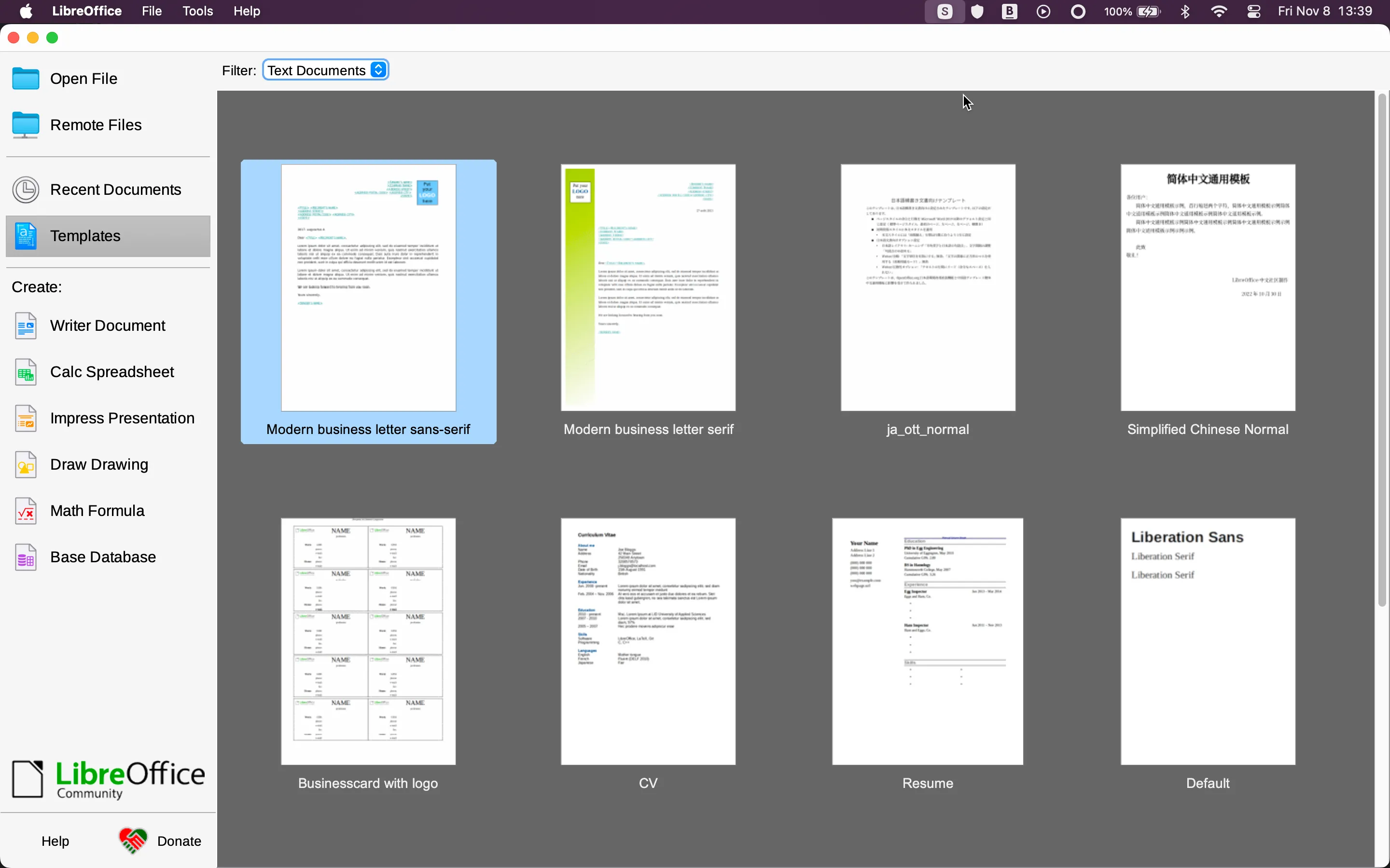 Giao diện chọn mẫu tài liệu trong bộ ứng dụng văn phòng mã nguồn mở LibreOffice trên macOS