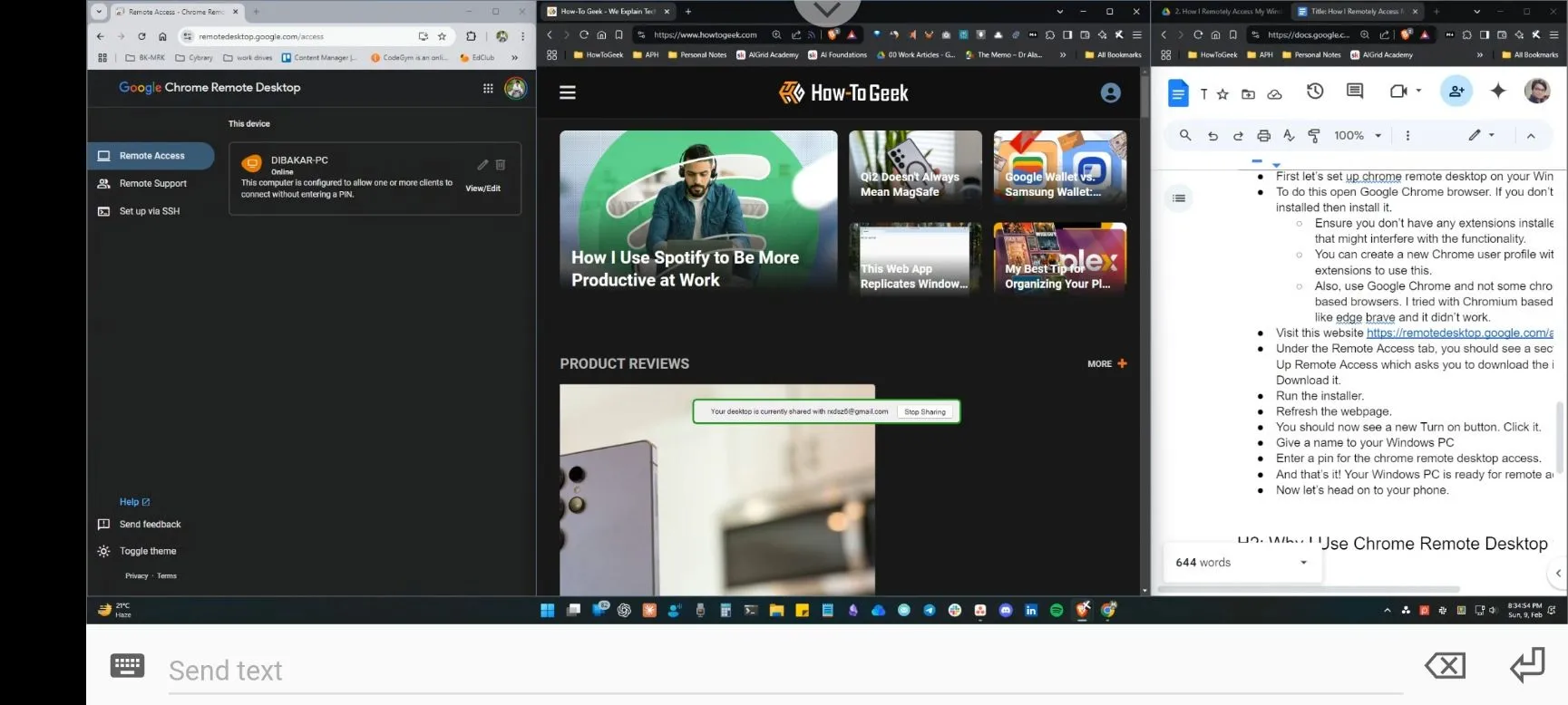 Giao diện Chrome Remote Desktop trên điện thoại Android, hiển thị màn hình máy tính Windows ở chế độ ngang.