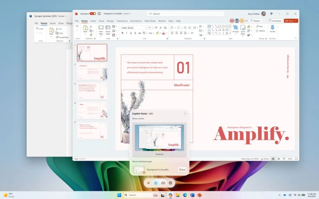 Giao diện Copilot trên Windows đang hoạt động với tính năng chia sẻ màn hình, cho phép AI phân tích nội dung hiển thị để cung cấp hỗ trợ ngữ cảnh.