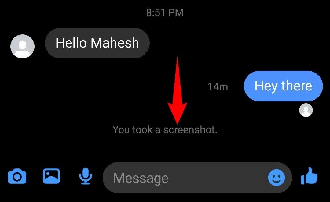 Giao diện Facebook Messenger hiển thị thông báo khi chụp màn hình trong cuộc trò chuyện bí mật.