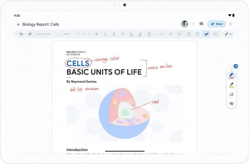 Giao diện Google Docs hiển thị tính năng ghi chú viết tay (Markups) trên thiết bị Android