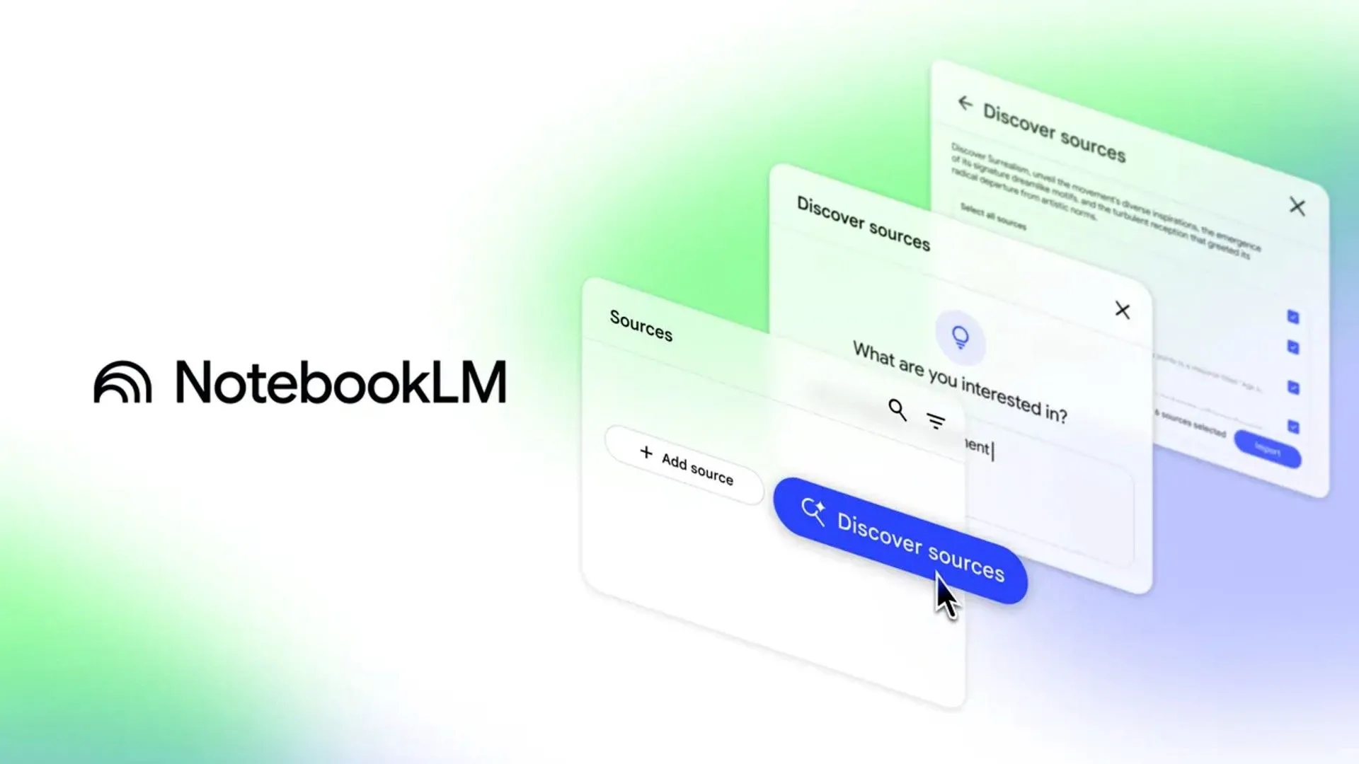 Giao diện Google NotebookLM hiển thị logo và các tính năng hỗ trợ nghiên cứu, bao gồm tìm nguồn