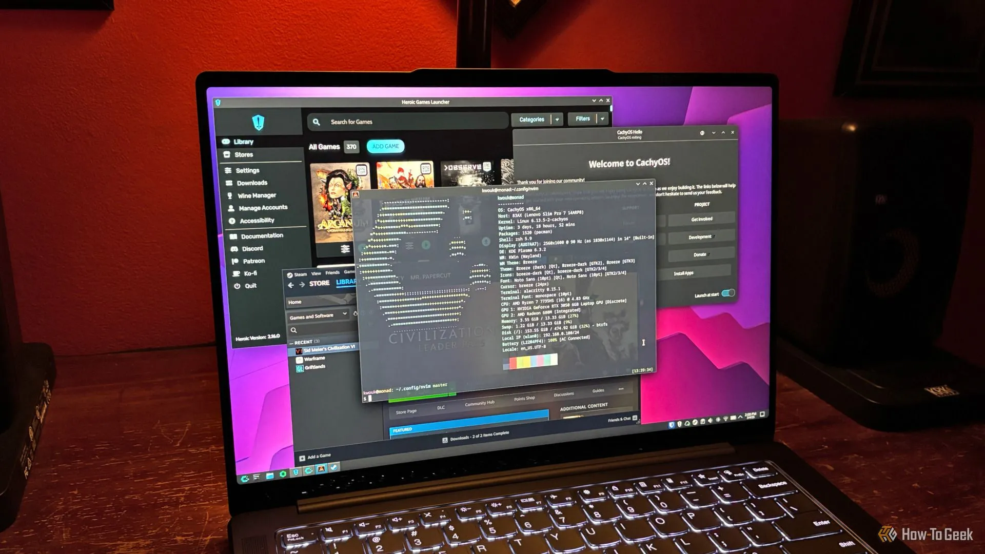 Giao diện hệ điều hành CachyOS dựa trên Arch Linux, hiển thị Steam và Heroic Games Launcher