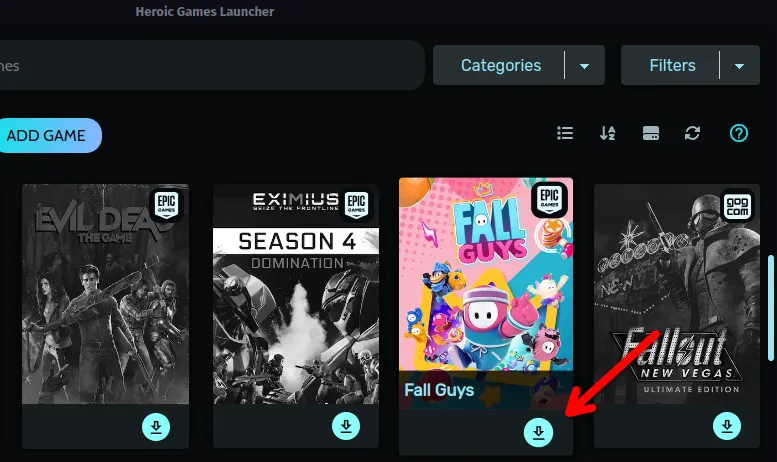 Giao diện Heroic Games Launcher hiển thị nút cài đặt game Fall Guys trên nền tảng Linux.