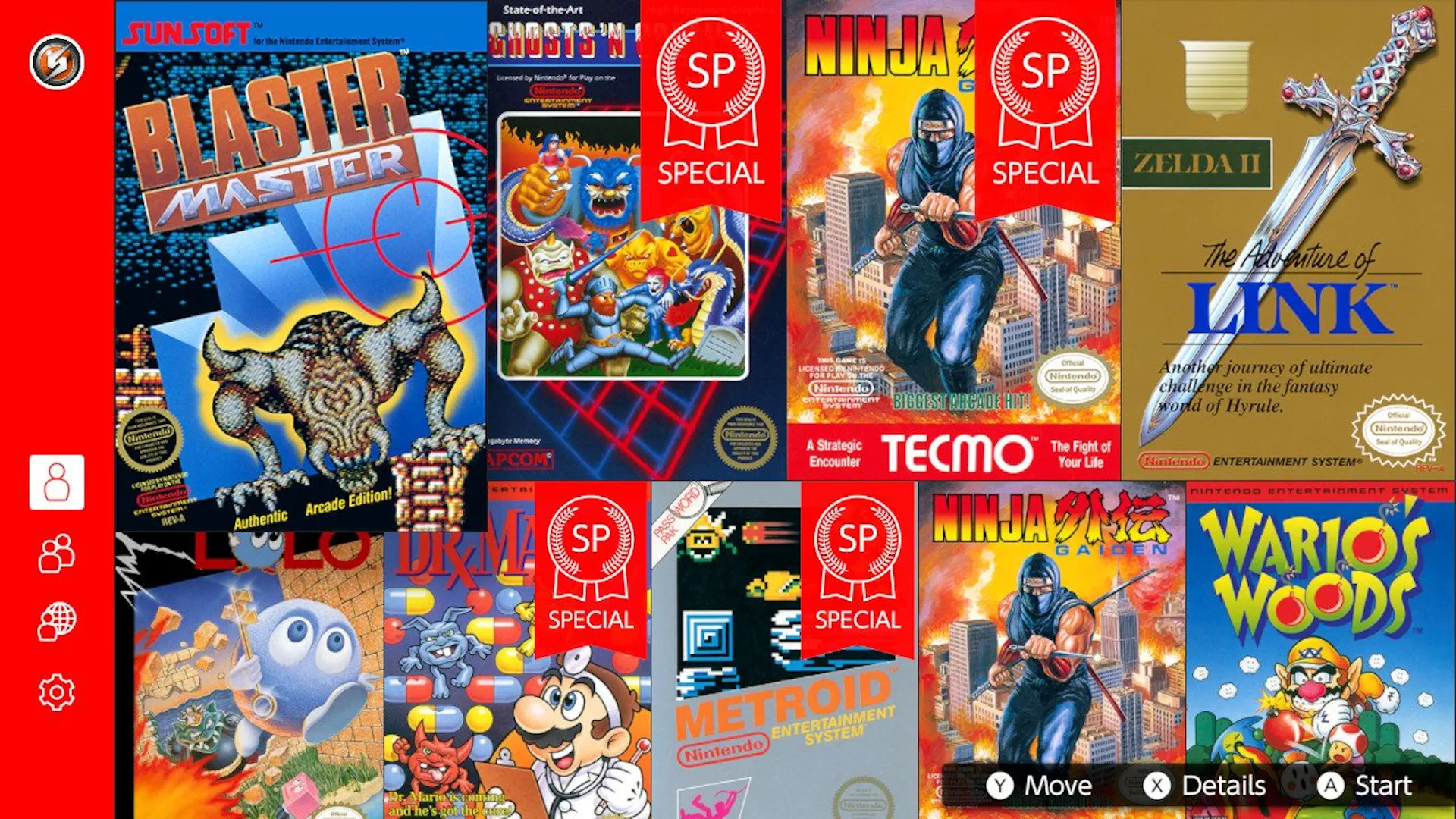 Giao diện hiển thị các phiên bản &quot;SP&quot; (Special) của game NES có sẵn trên dịch vụ Nintendo Switch Online, giúp người chơi dễ dàng hơn.