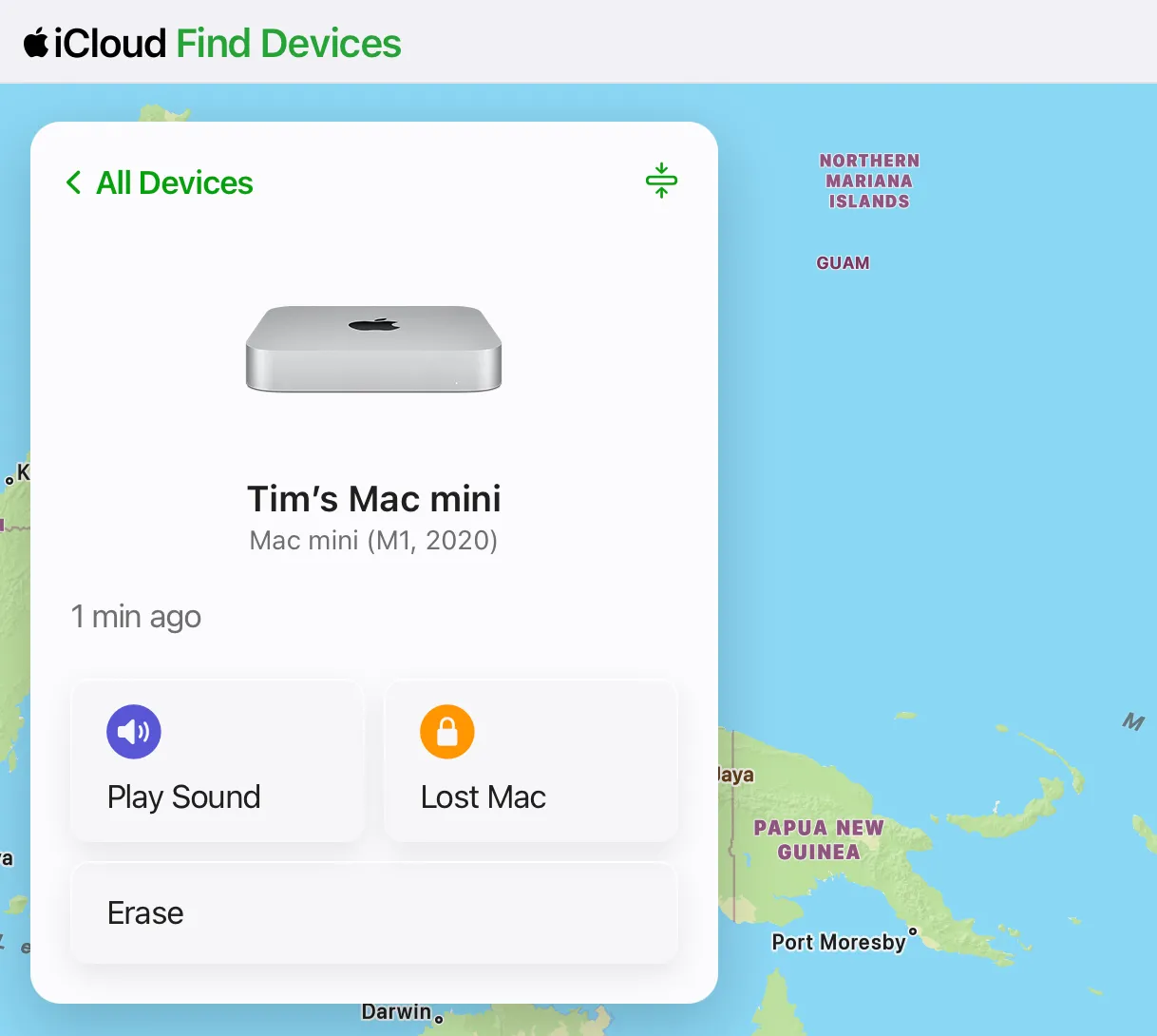 Giao diện iCloud.com/find hiển thị các bước xóa Mac Mini khỏi tài khoản iCloud để gỡ Khóa Kích Hoạt (Activation Lock)