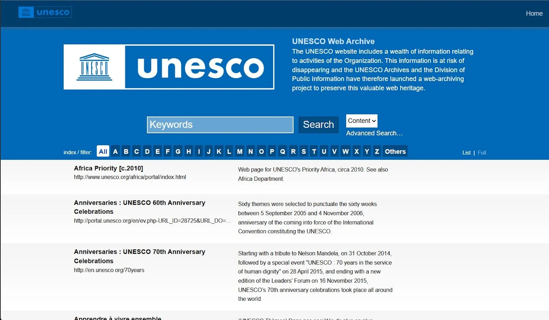 Giao diện Kho Lưu Trữ Web của UNESCO, nơi tổng hợp thông tin về các hoạt động và ảnh hưởng của tổ chức này.