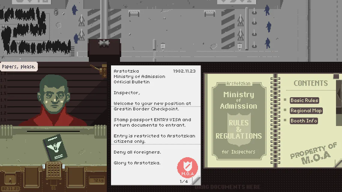 Giao diện kiểm soát hộ chiếu của nhân viên biên giới trong game Papers Please với những tài liệu cần xác minh.