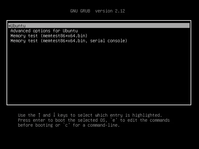 Giao diện menu khởi động GRUB của Ubuntu