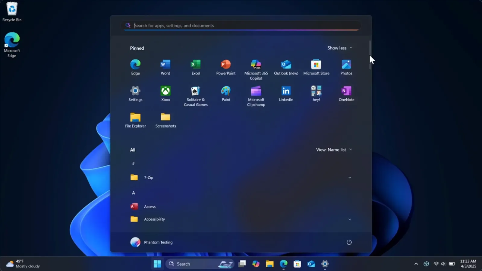 Giao diện menu Start Windows 11 mới với danh sách ứng dụng đầy đủ sau khi cuộn xuống