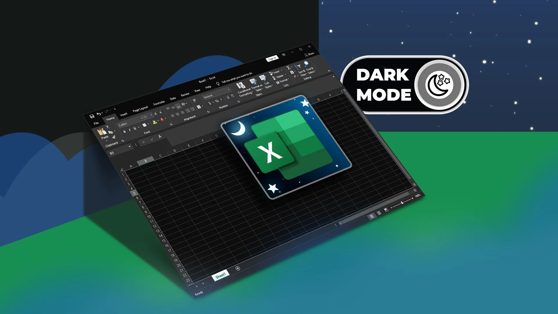 Giao diện Microsoft Excel ở chế độ nền tối (Dark Mode) trên Windows, với logo Excel ở trung tâm
