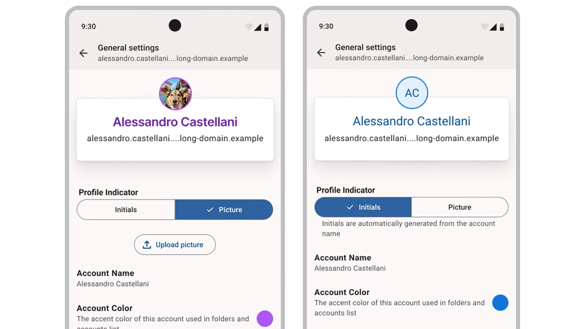 Giao diện mockup mới của ngăn kéo tài khoản trên ứng dụng Thunderbird Android, hiển thị các tùy chọn tài khoản được cải thiện và khả năng thêm ảnh đại diện.