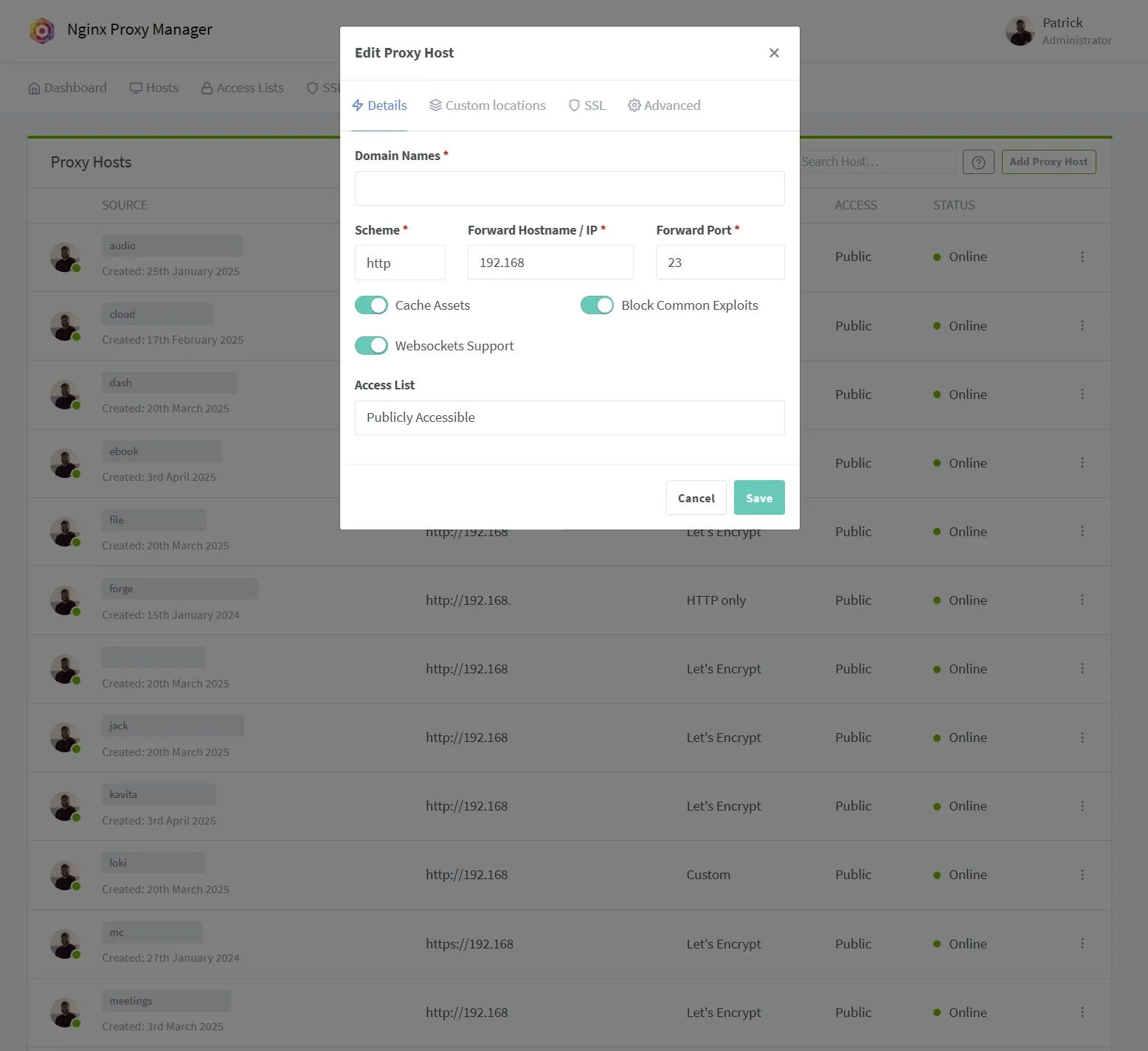 Giao diện Nginx Proxy Manager khi thiết lập một host mới, thể hiện khả năng định tuyến ngược và quản lý SSL.