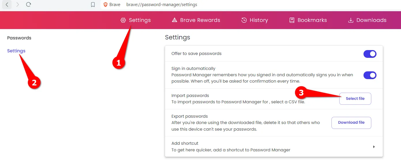 Giao diện nhập tệp mật khẩu đã xuất vào trình quản lý mật khẩu của Brave trên desktop
