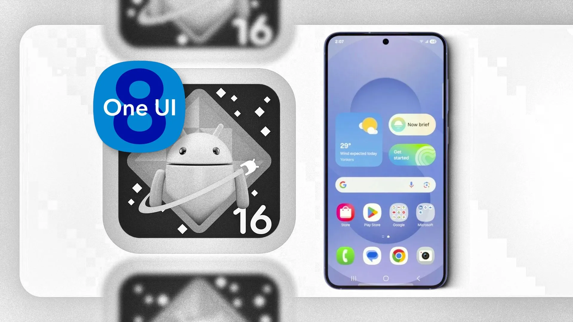 Giao diện One UI 8 trên nền logo Android 16 và điện thoại Samsung Galaxy