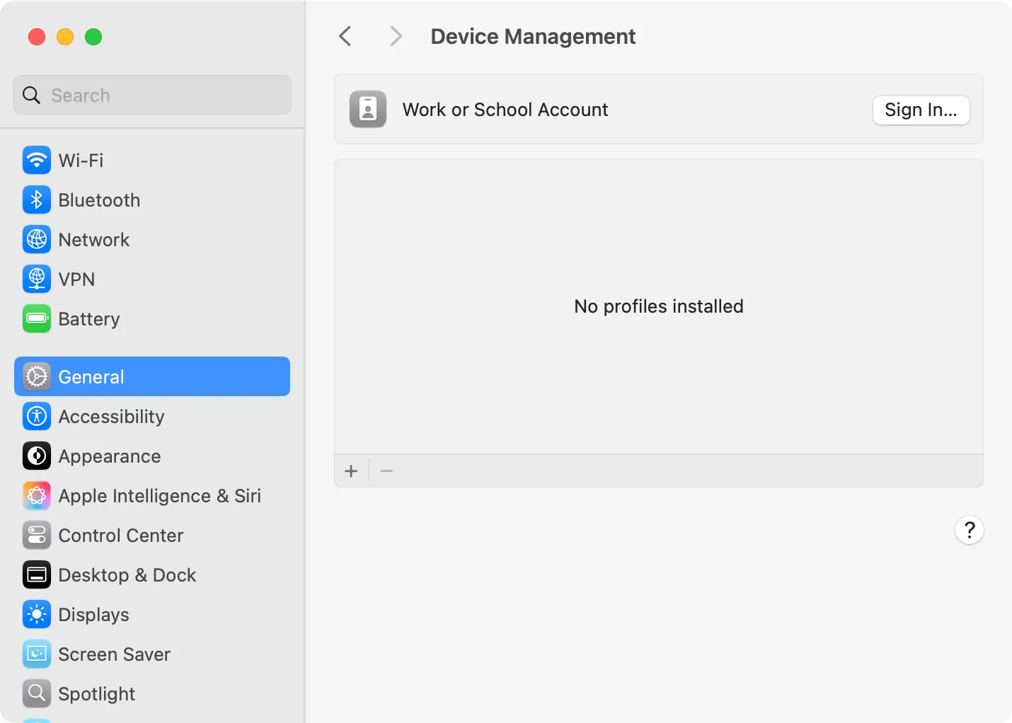 Giao diện Quản lý Thiết bị trong Cài đặt hệ thống của macOS, nơi người dùng có thể kiểm tra sự hiện diện của hồ sơ MDM