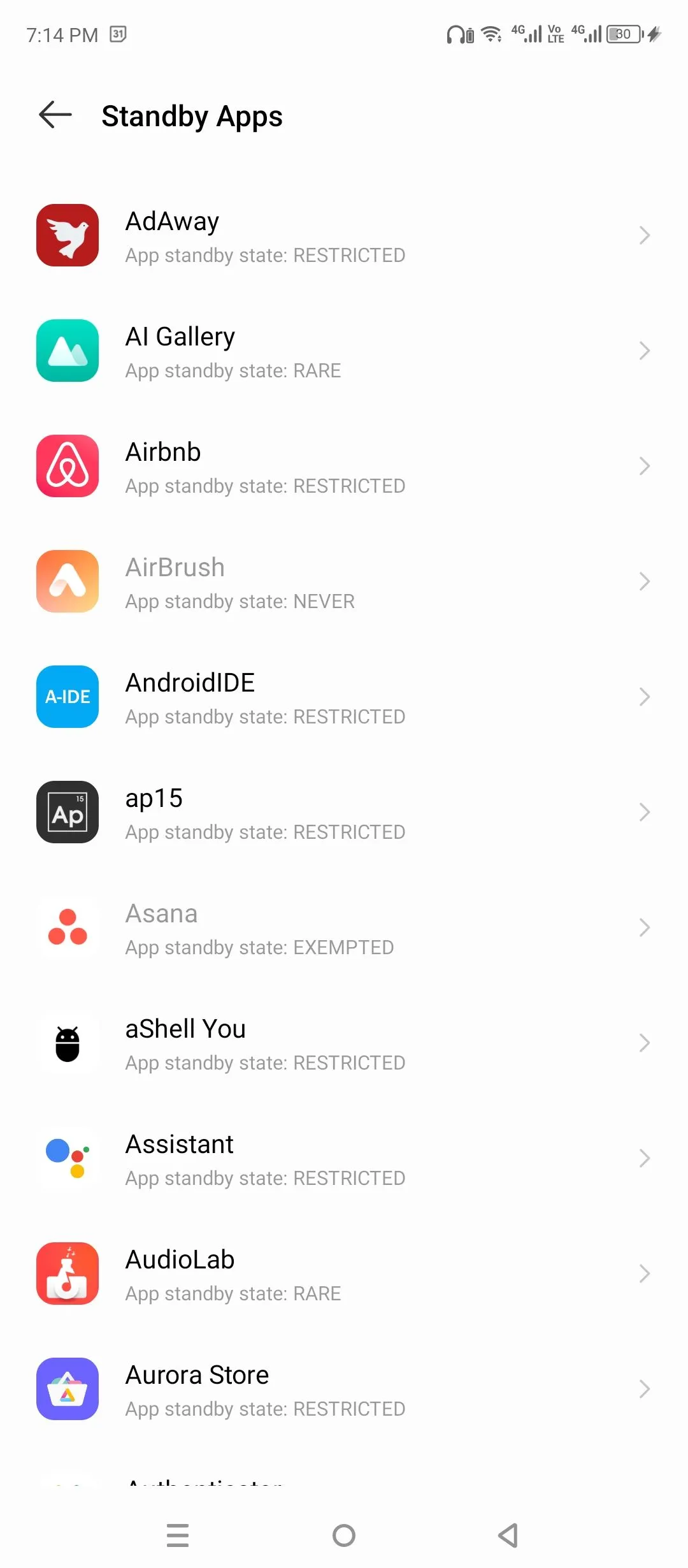 Giao diện quản lý ứng dụng ở chế độ chờ (Standby apps) trong Tùy chọn nhà phát triển Android.