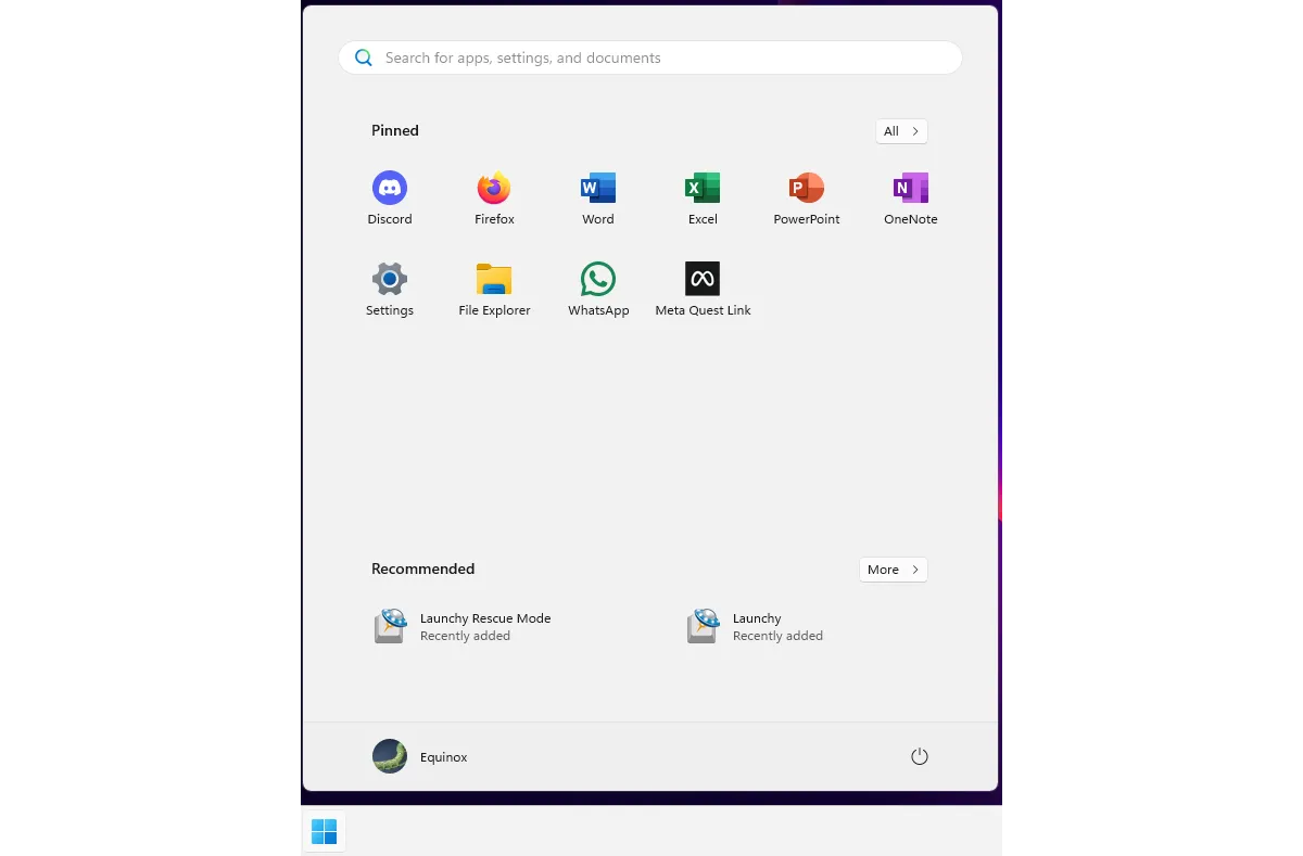 Giao diện Start Menu trên Windows 11 với các ứng dụng ghim và khu vực đề xuất