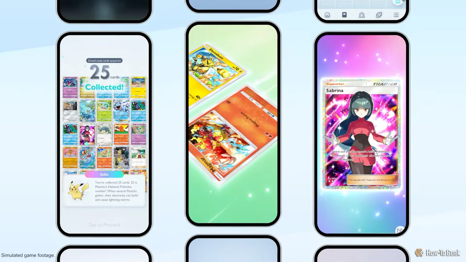 Giao diện sưu tập thẻ bài, trao đổi thẻ và thẻ Sabrina full art trong Pokémon TCG Pocket