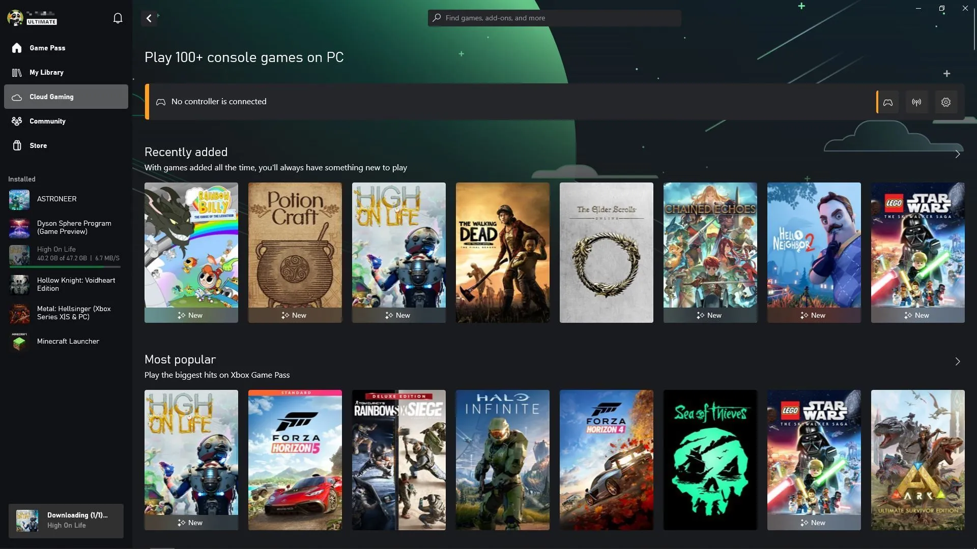 Giao diện tab Cloud gaming trong ứng dụng Xbox Game Pass trên Windows, thể hiện sự tích hợp và mở rộng dịch vụ.