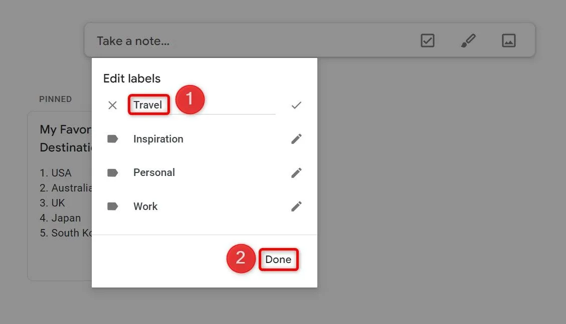 Giao diện tạo nhãn mới trong Google Keep với trường nhập tên nhãn
