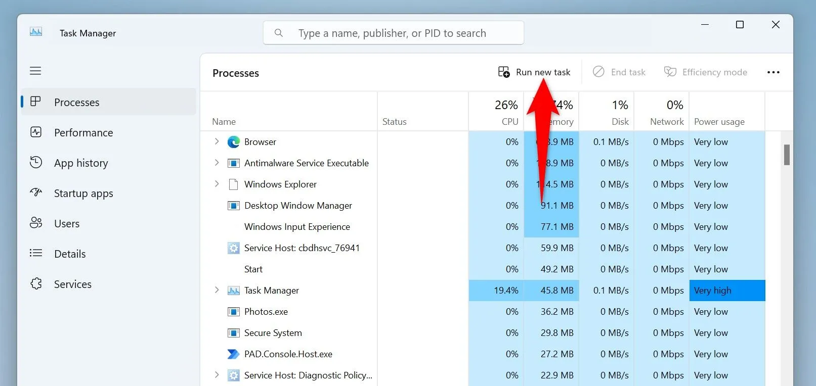 Giao diện Task Manager (Trình quản lý tác vụ) trên Windows 11 với nút &quot;Run new task&quot; được khoanh vùng.