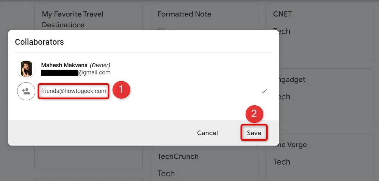 Giao diện thêm email cộng tác viên để chia sẻ ghi chú Google Keep