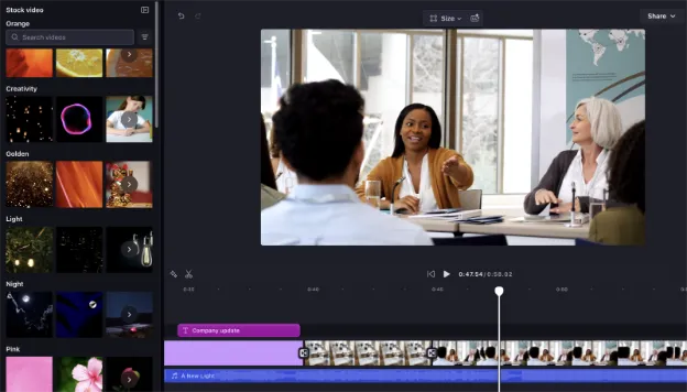 Giao diện thư viện stock mới của Microsoft Clipchamp hiển thị các tùy chọn nội dung để chỉnh sửa video