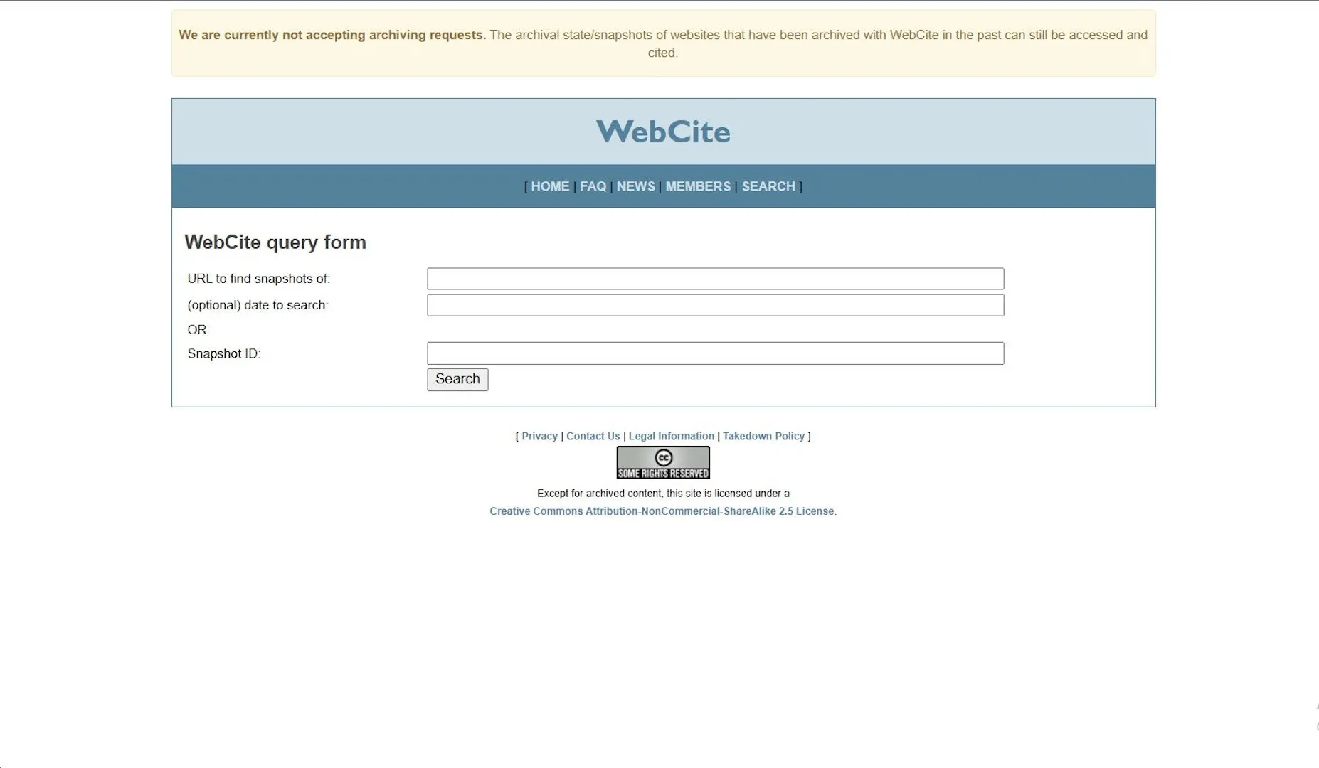 Giao diện tìm kiếm của WebCite, một công cụ lưu trữ web miễn phí dành cho các nguồn học thuật.