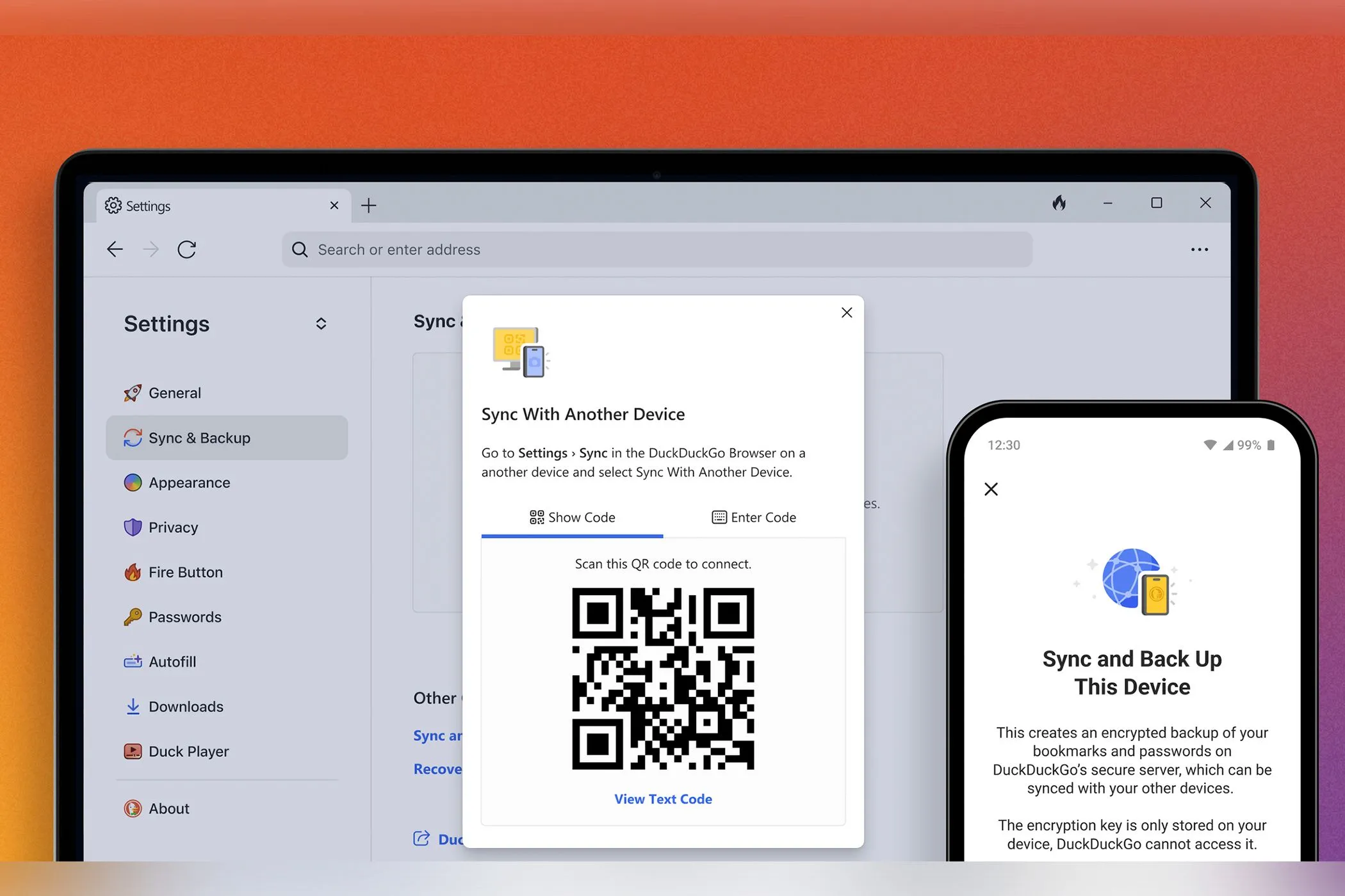 Giao diện tính năng đồng bộ dữ liệu DuckDuckGo trên trình duyệt máy tính, hiển thị tùy chọn 'Sync & Backup'.