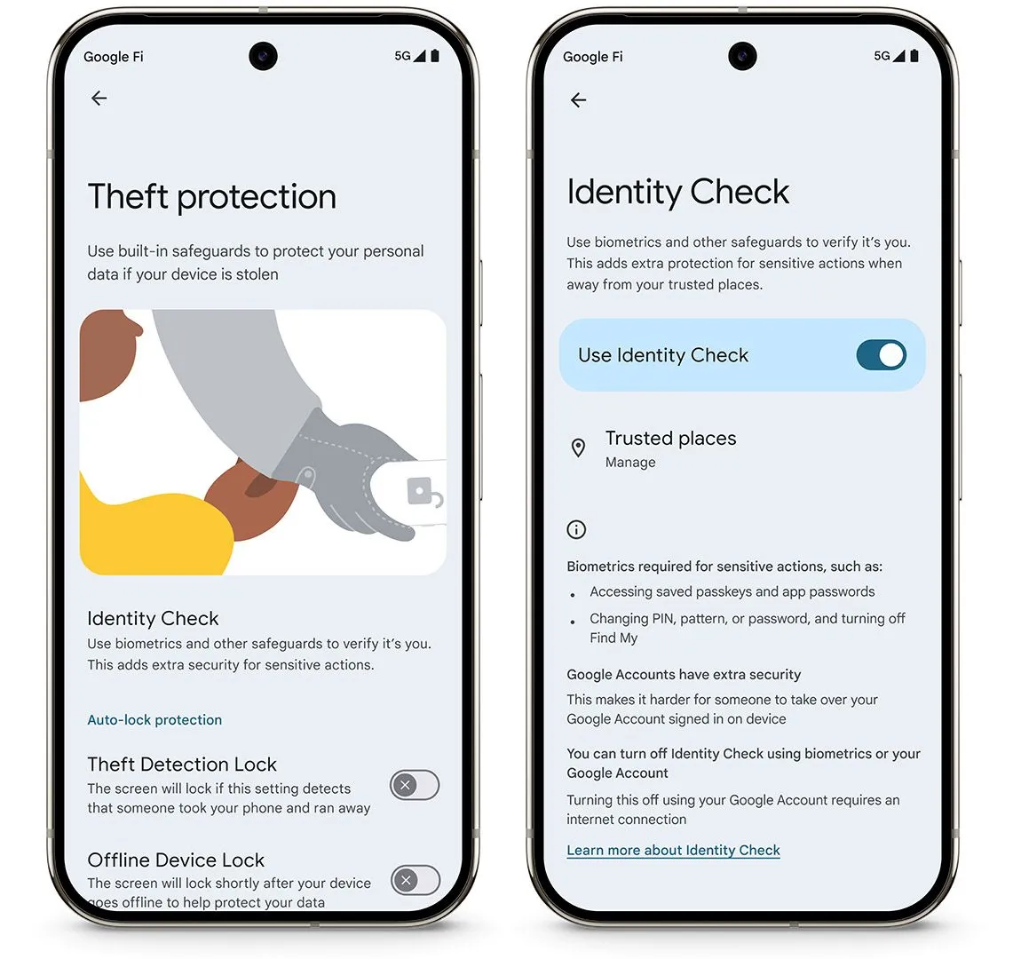 Giao diện tính năng Identity Check trên điện thoại Android 15 yêu cầu xác thực sinh trắc học để bảo vệ cài đặt quan trọng