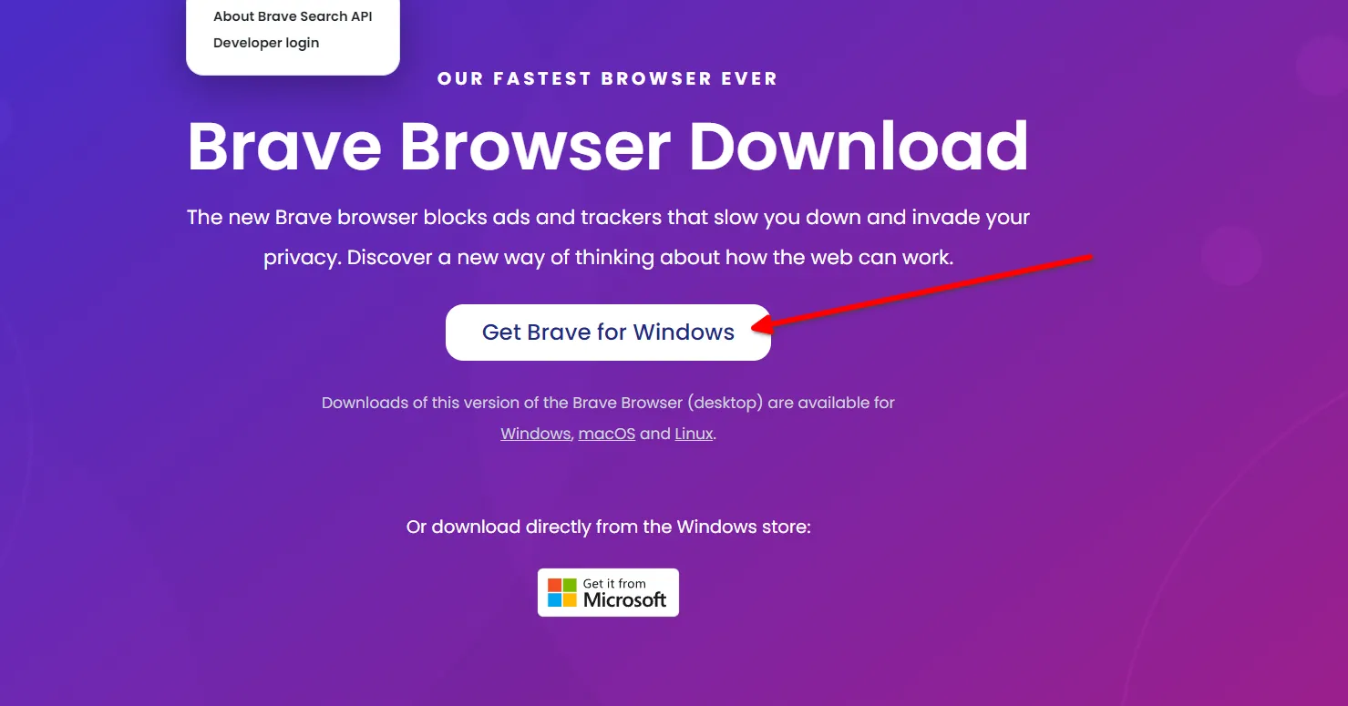 Giao diện trang tải trình duyệt Brave chính thức trên website brave.com