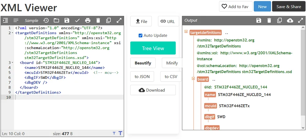 Giao diện trình xem XML trực tuyến CodeBeautify.org với chế độ xem dạng cây (Tree View) được kích hoạt.