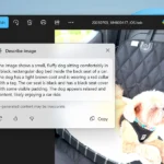 Giao diện ứng dụng Ảnh của Windows 11 hiển thị tính năng 'Mô tả hình ảnh' AI đang phân tích và tạo văn bản mô tả cho một bức ảnh chó.