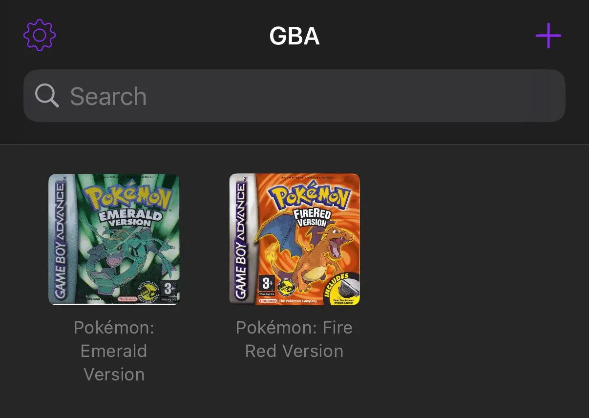 Giao diện ứng dụng giả lập Delta hiển thị danh sách các game Pokémon từ file ROM