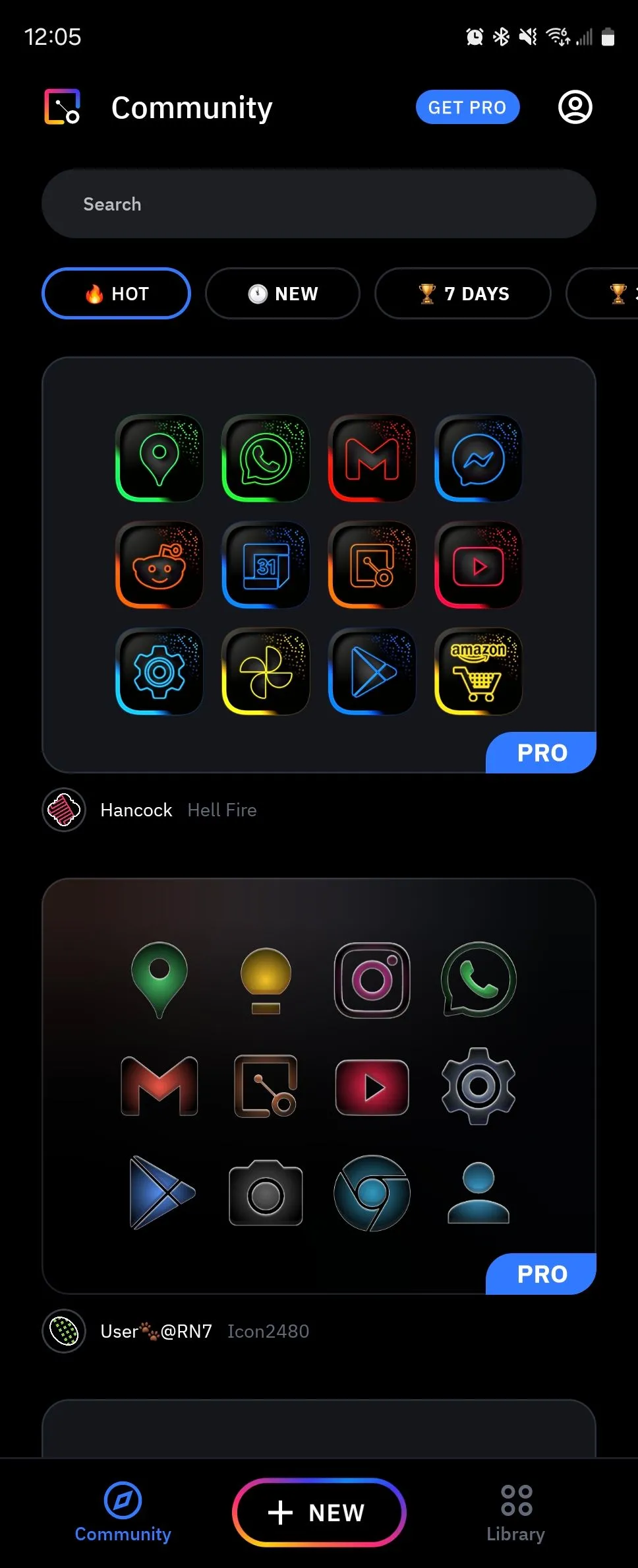 Giao diện ứng dụng Icon Pack Studio hiển thị danh sách các gói biểu tượng ứng dụng Android có sẵn để tải về.
