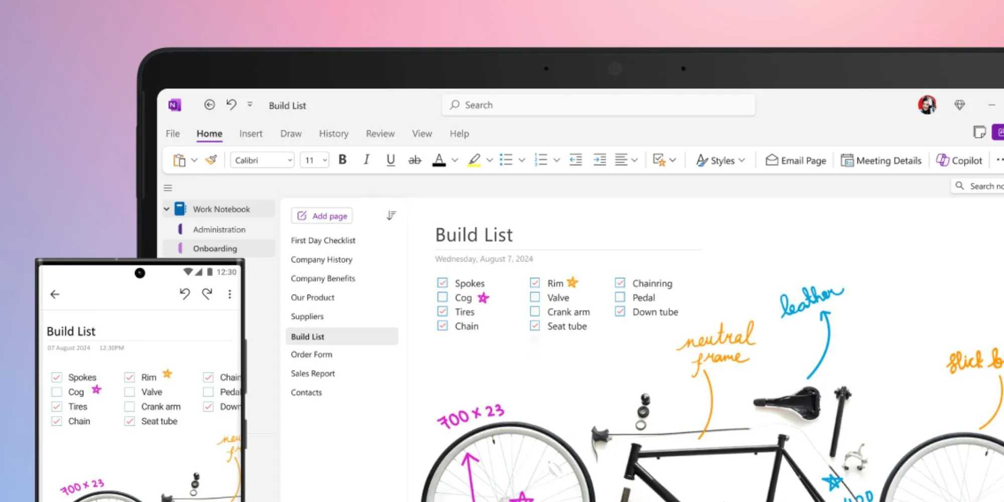 Giao diện ứng dụng OneNote trên máy tính và Android với danh sách linh kiện xe đạp.