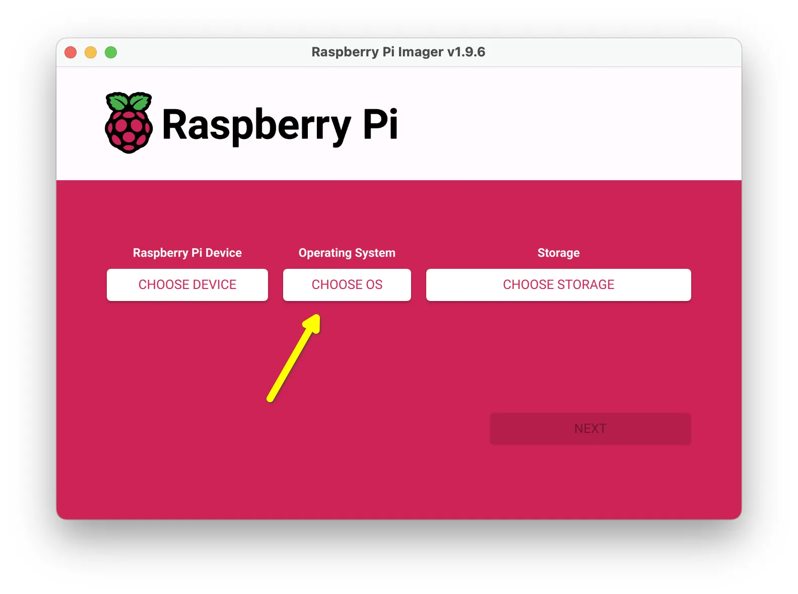 Giao diện ứng dụng Raspberry Pi Imager với nút Chọn Hệ điều hành