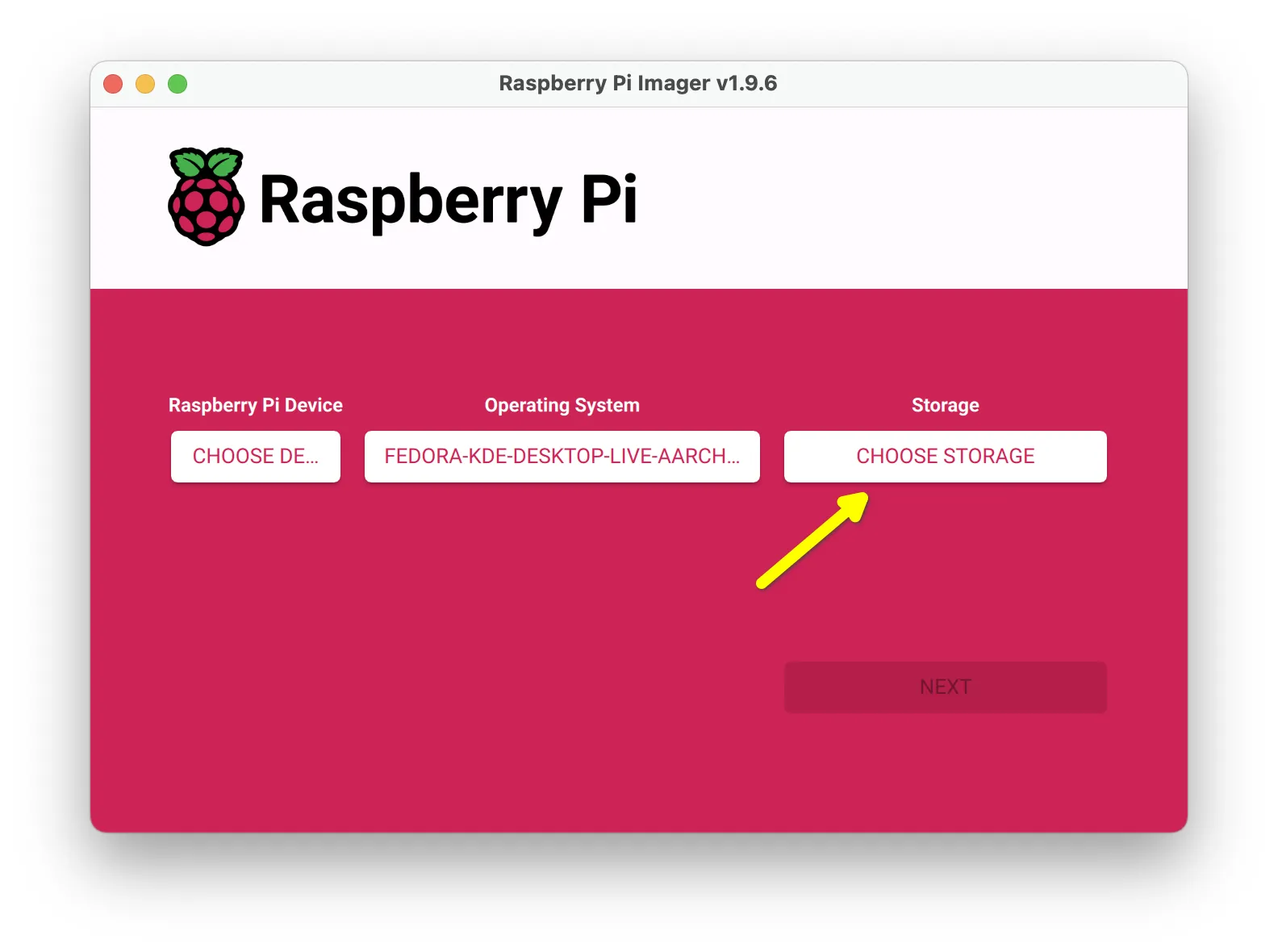 Giao diện ứng dụng Raspberry Pi Imager với nút Chọn Lưu trữ