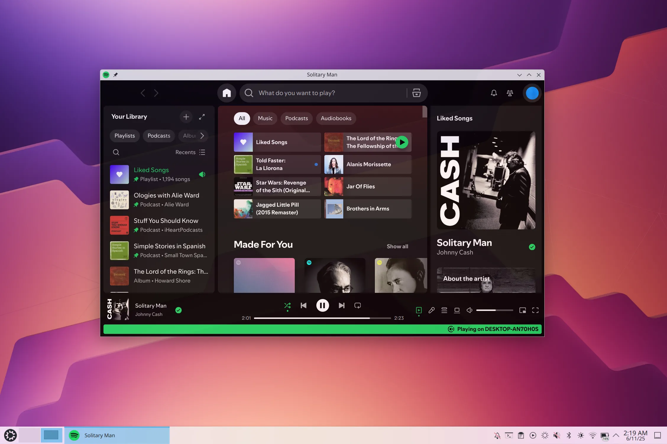 Giao diện ứng dụng Spotify trên hệ điều hành Kubuntu hiển thị danh sách nhạc