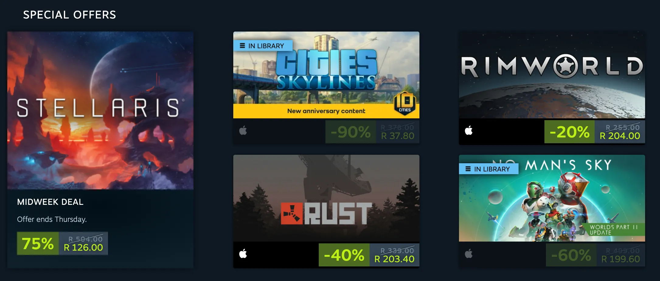 Giao diện ứng dụng Steam trên macOS hiển thị danh sách các trò chơi đang được giảm giá, cho thấy sự hiện diện của các nền tảng phân phối game lớn trên Mac.