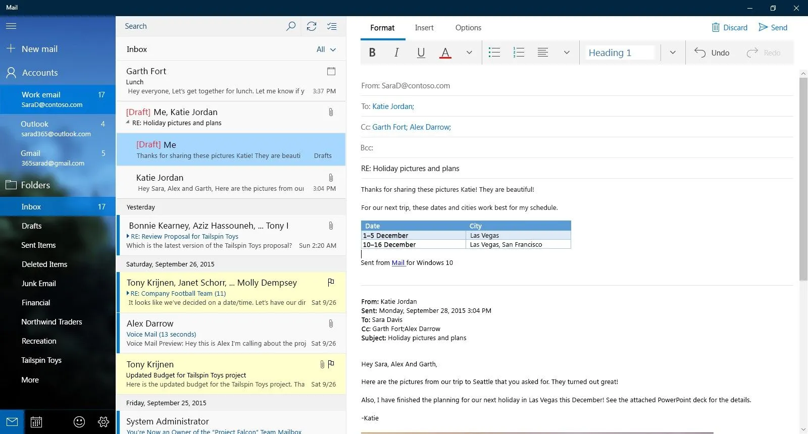 Giao diện ứng dụng Thư (Mail) tích hợp trên Windows 10 hiển thị hộp thư đến và khung soạn thảo email với thiết kế tối giản.