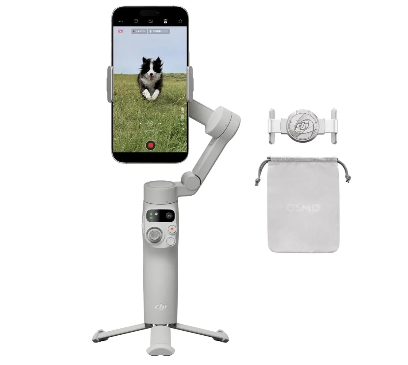 Gimbal DJI Osmo Mobile 7 màu đen nhỏ gọn, gấp lại, nằm trên một bề mặt phẳng.