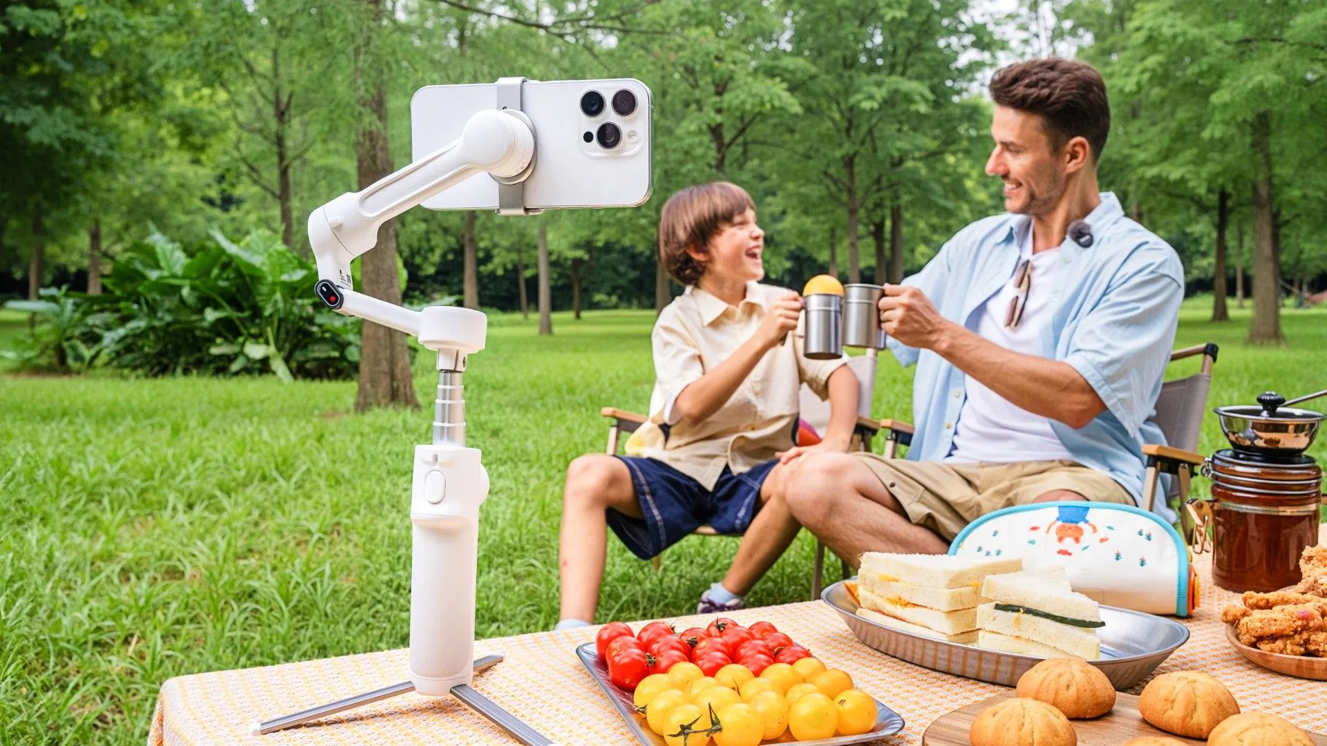 Gimbal Insta360 Flow 2 đang giữ điện thoại quay cảnh cha và con trai cắm trại