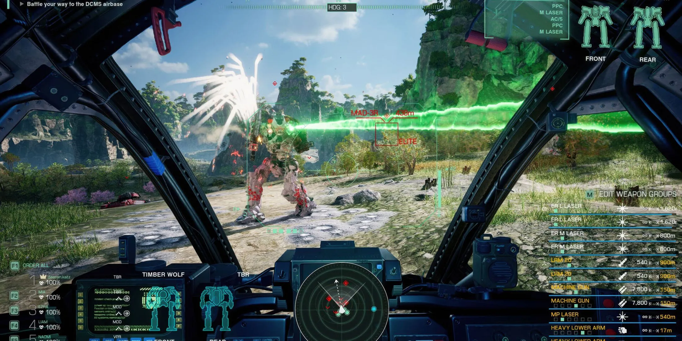 Góc nhìn thứ nhất từ buồng lái một mech trong MechWarrior 5: Clans, cho thấy trải nghiệm điều khiển cỗ máy hạng nặng và chiến đấu tầm xa.
